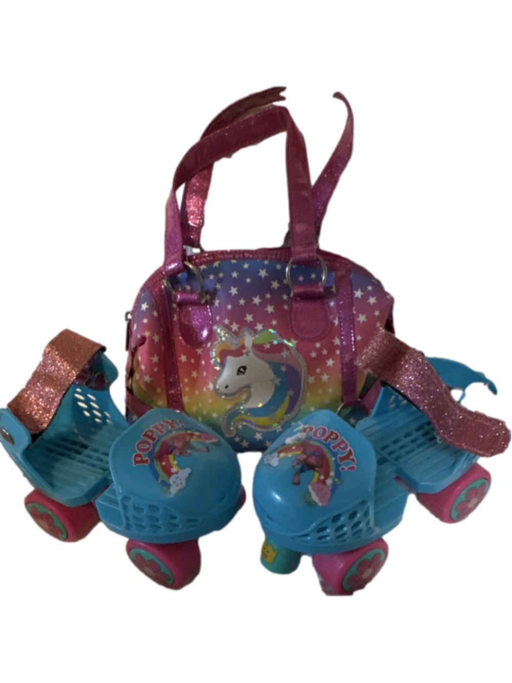 Poppy Trolls Youth Quad Roller Skates Blue/Pink Glitter Straps + Unicorn Bag